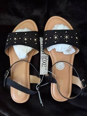 Black Studded Floral Slide Sandals with Ankle Strap